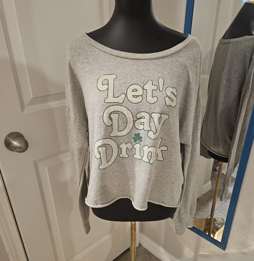 Gray Cropped 'Let's Day Drink' St. Patty's Day Sweatshirt - Junior's Size XL